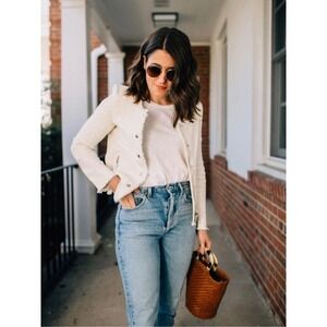 One Third Ivory Tweed Frayed Trim Cropped Jacket Size Small